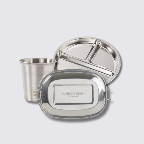 Julegavesett til barn – Tallerkener, kopper & matboks i rustfritt stål